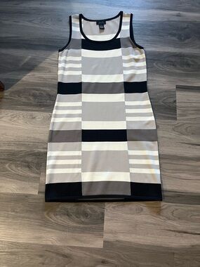 Grace Black, White & Gray Striped Sleeveless Sheath Mini Dress